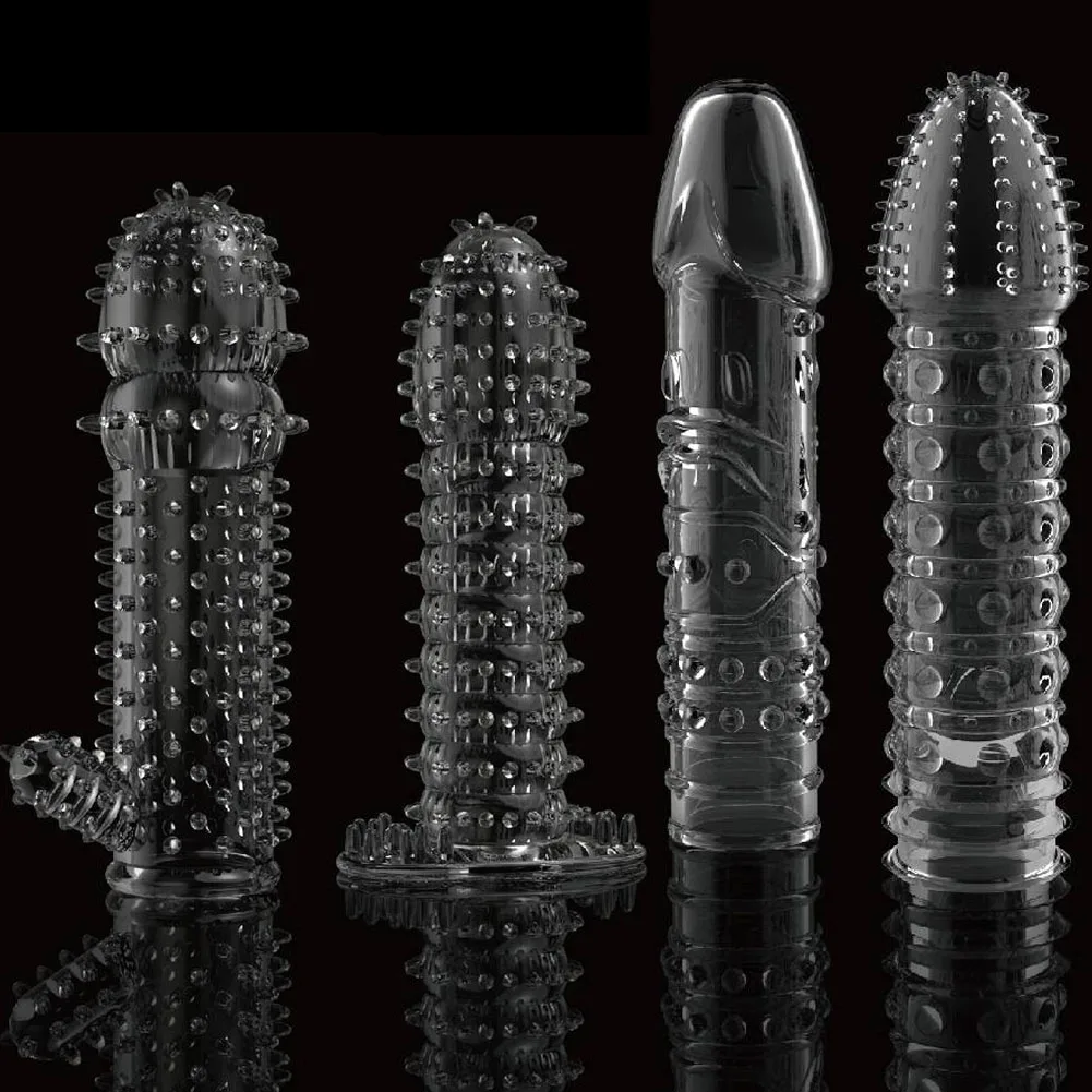 Penis Ring 4pcs Extension Condom Delay Penis Sleeve Reusable Male Enlargement Dot Clit Massage Cock Ring Vibrating Cover Adult Sex Toys
