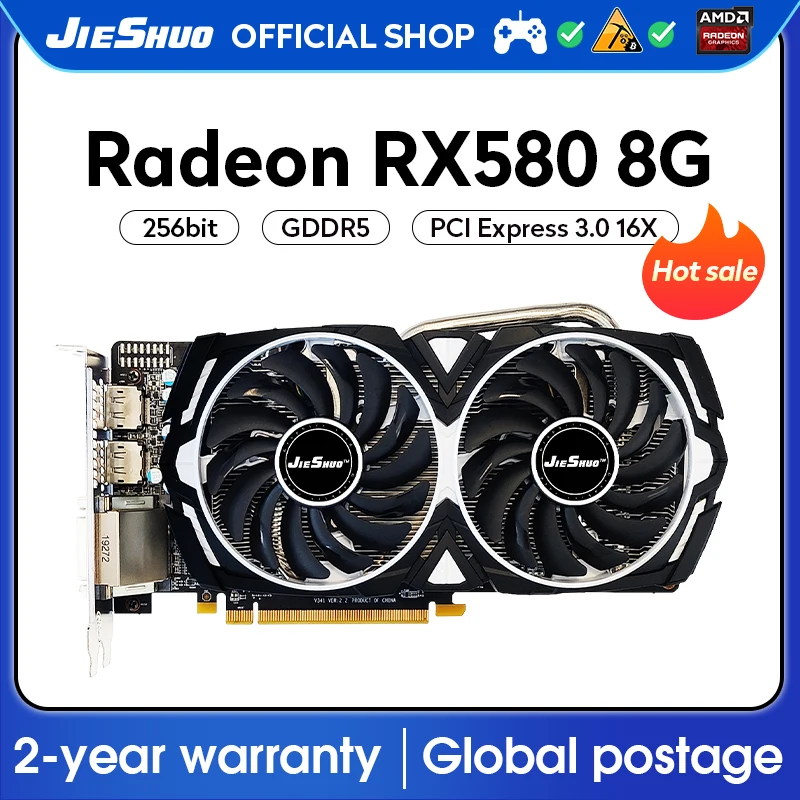 JIESHUO Graphics Card AMD RX 580 8G GDDR5 GPU rx580 8gb Video card