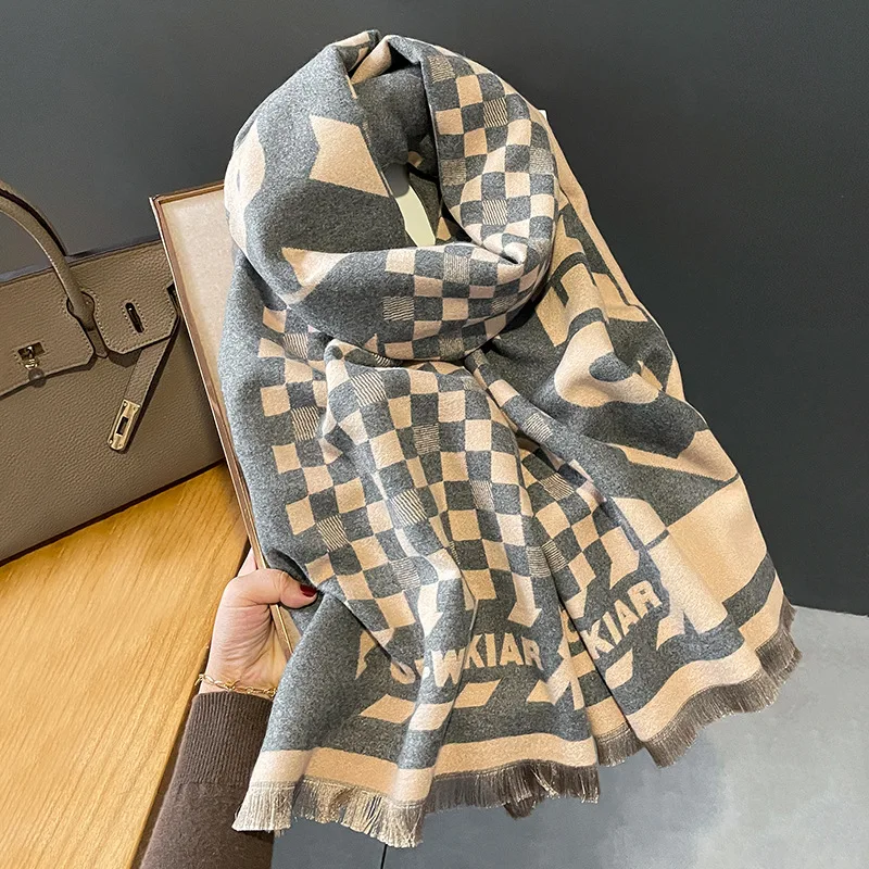 

Зимний кашемировый шарф, Женская Толстая Пашмина с буквенным принтом, теплая шаль, новинка, декоративный платок для путешествий, популярный 2023