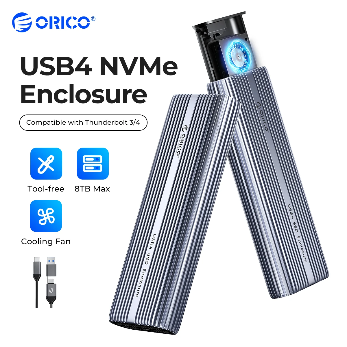 

ORICO USB4 40Gbps M.2 NVMe SSD Enclosure with Cooling Fan USB4 PCIe3.0 Aluminum Compatible Thunderbolt 3/4 Tool Free 8TB for Mac