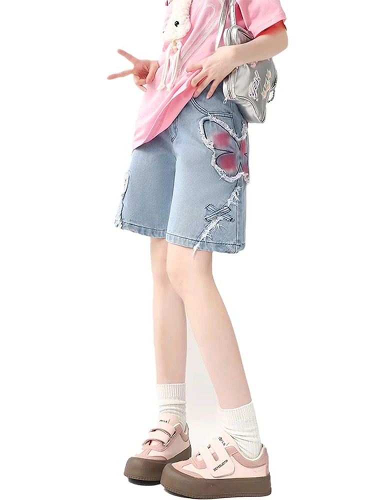 여성용 블루 데님 반바지, 90 년대 미적 무릎 길이 청바지, 2000 년대 빈티지 Y2k 카우보이 반바지, 하라주쿠 의류, 여름 2024