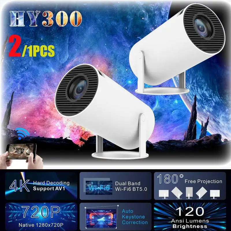 

Мини-проектор HY300 4K, Android 11, 1/2 шт., 1 Гб + 8 Гб ПЗУ, BT5.0, портативный проектор, проектор 1280*720P, проектор для домашнего кинотеатра