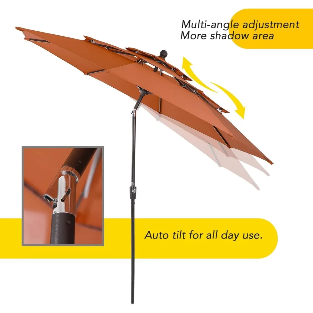 10 ft Outdoor Patio Umbrella, Auto-Tilt Market Table Umbrellas with Crank, 8 Sturdy Ribs & 1.5" Pole UV Protection f 3