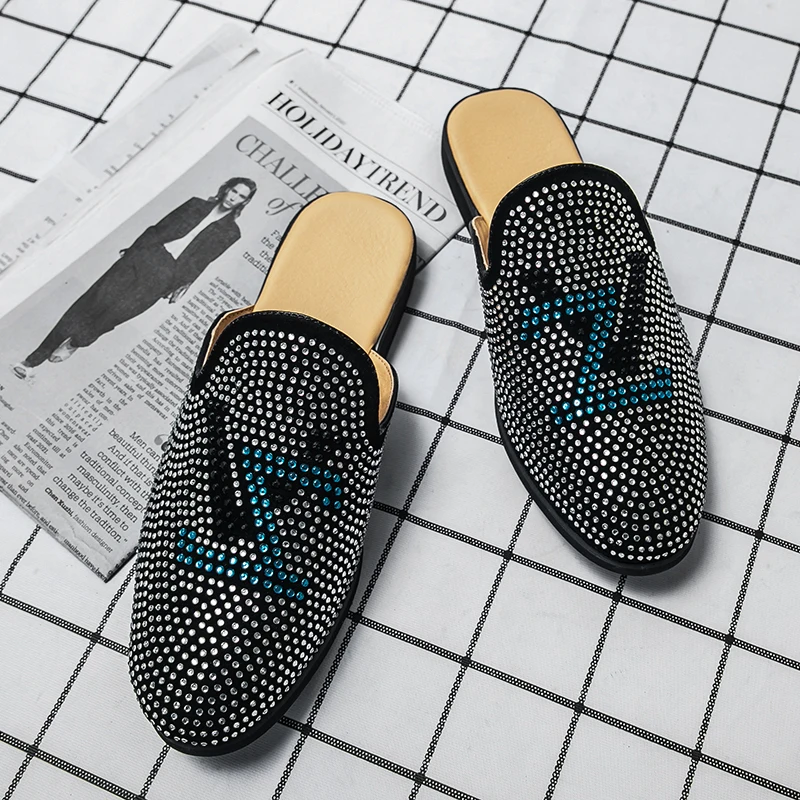 

Elegant half slipper Men's summer quality Wedding party Slipper luxury brand Black leather slipper men's Mule casual shoes mo-28