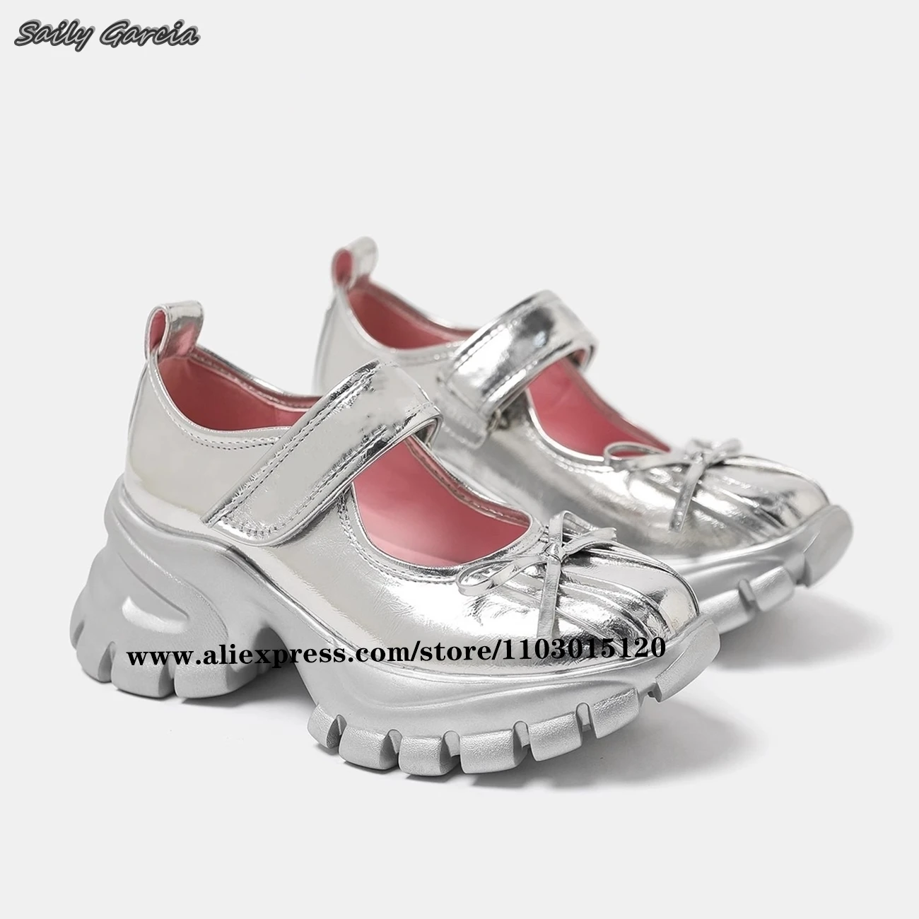 Silver Butterfly Knot Hook&Loop Shallow Casual Shoes2024 Summer New All-Match INS Fashion Shoes Round Toe Thick Sole Y2K Shoes