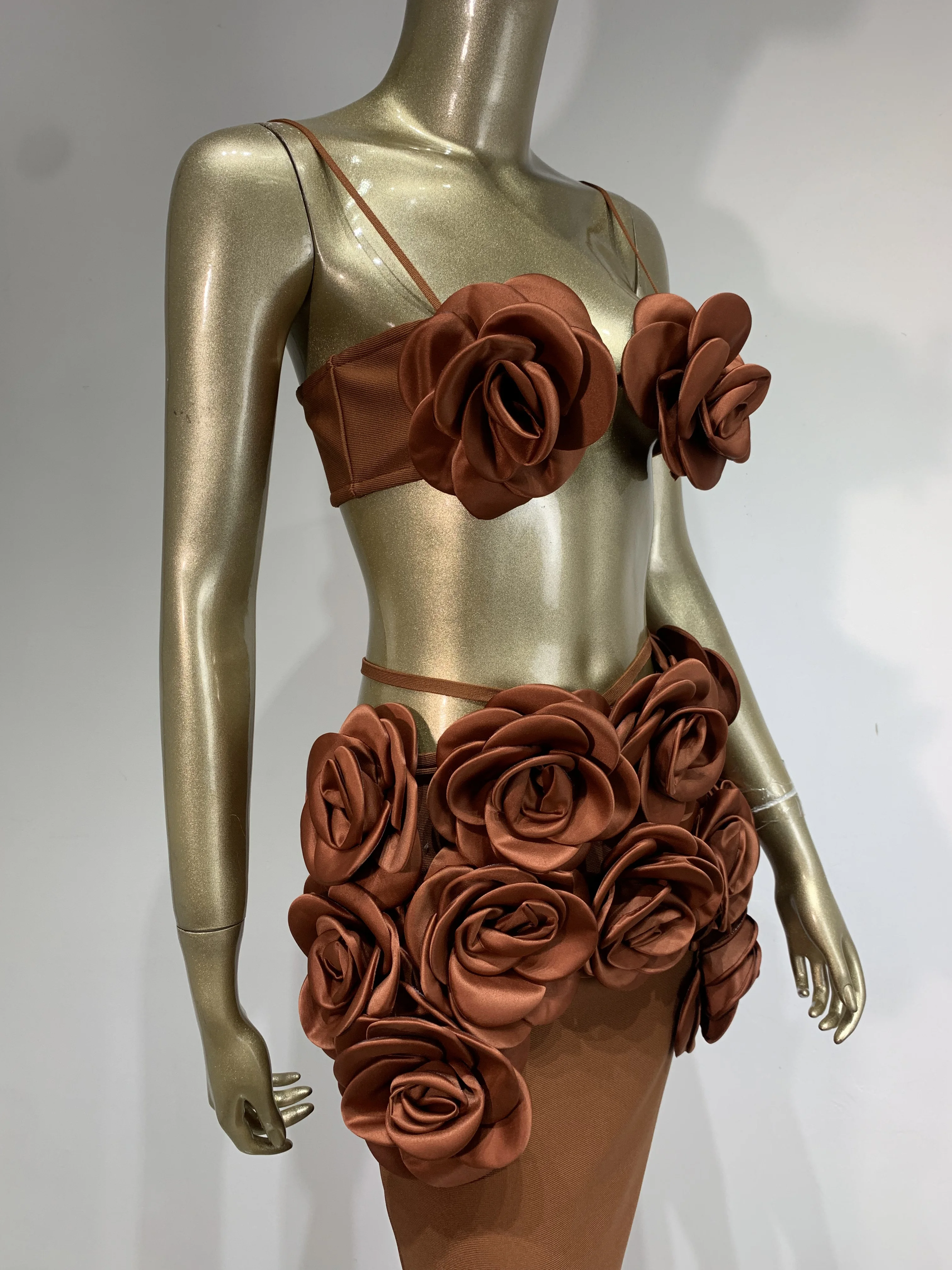 Women Celebrity Sexy Backless Halter Flower Brown Maxi Long Bandage Skirt Set 2025 Knitted Elegant Evening Club Party Clothing 6