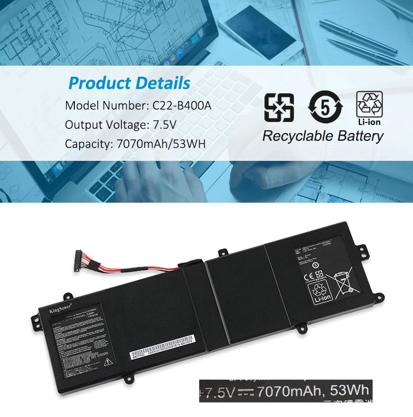 Kingsener-bateria do Portátil para Asus Pro Avançado Bu400 Bu400a Bu400v Bu401g Bu400e3317vc Ultrabook 7.5v 7070mah C22-b400a 53wh - Imagem 2