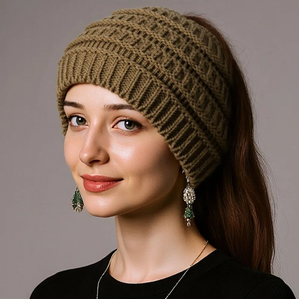 Warm Knitted Ponytail Beanie Hat for Women Autumn