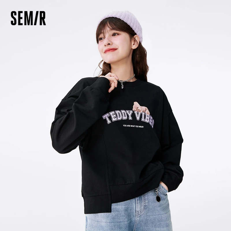 

Semir Women T-shirt Long-sleeved Autumn New Splicing Printing Clothes Loose Letters Cotton Bottoming Fashion T-shirt for Women