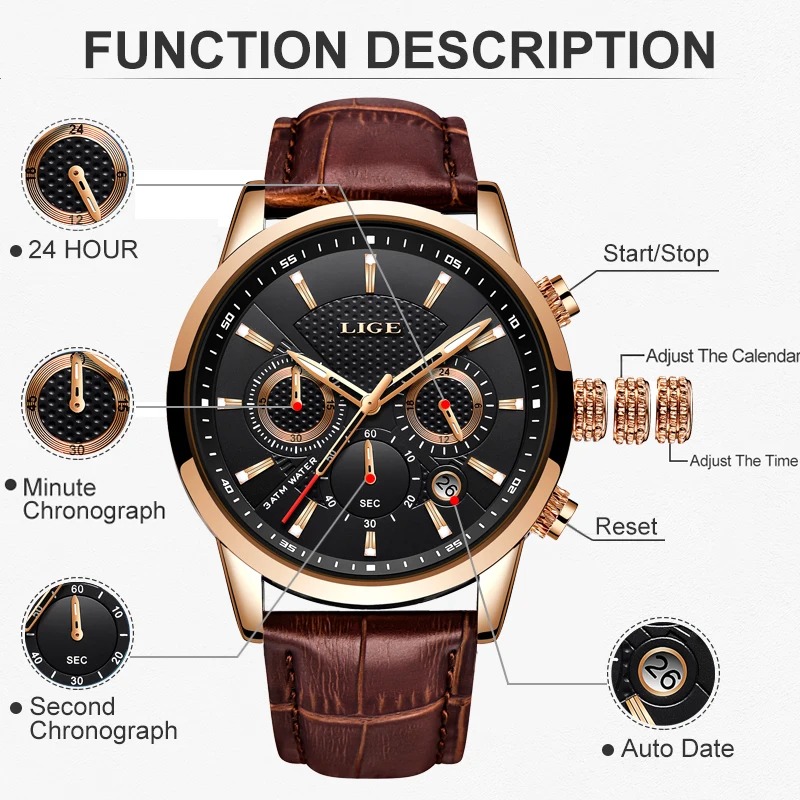 LIGE Fashion Brown Leather Watch For Men Casual Business Sports Men Waterproof Watches Luminous Quartz Chronograph Clock Male