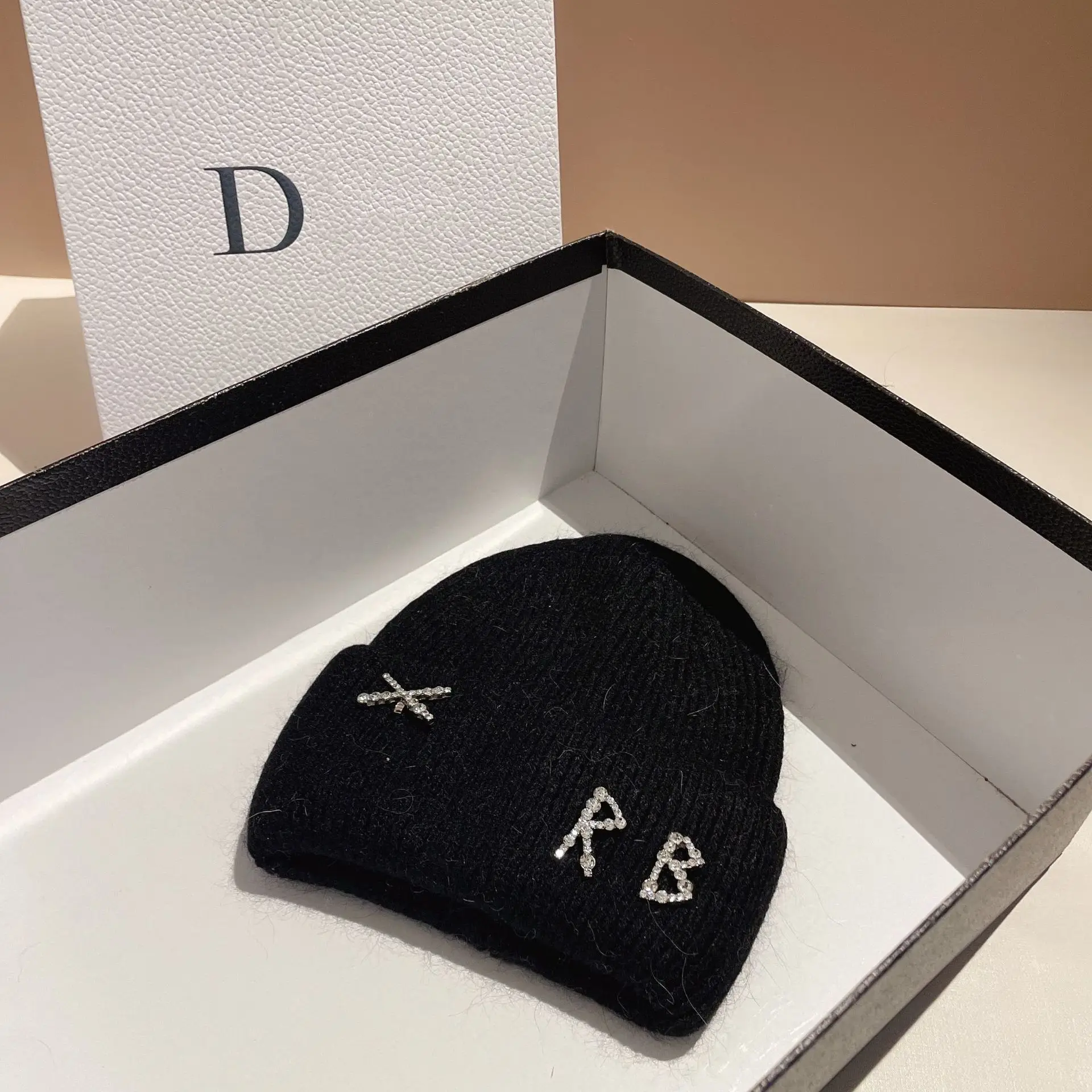 Real Rabbit Fur Diamonds Letter Beanies Hats For Women Winter Warm Knitted  Hat Famous Brand Lady Casual Bonnet Skiing Cap