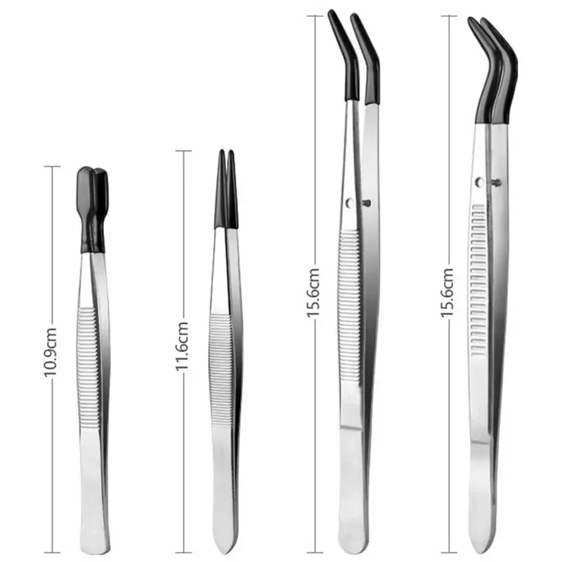 Precision Tweezers 4Pcs Tweezers with Rubber Tips Set Stainless Steel Long Industrial Tweezers Bead Stamp Coin Jewelry Tweezer Clip Hand Tools