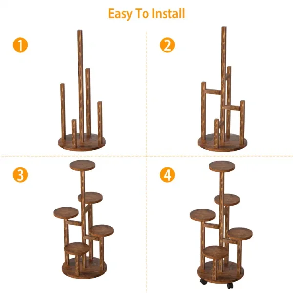 5 Tier Plant Stand with 4 Detachable Wheels Wooden Plant Pot Rolling Shelf Display Rack for Indoor Outdoor Decoration
