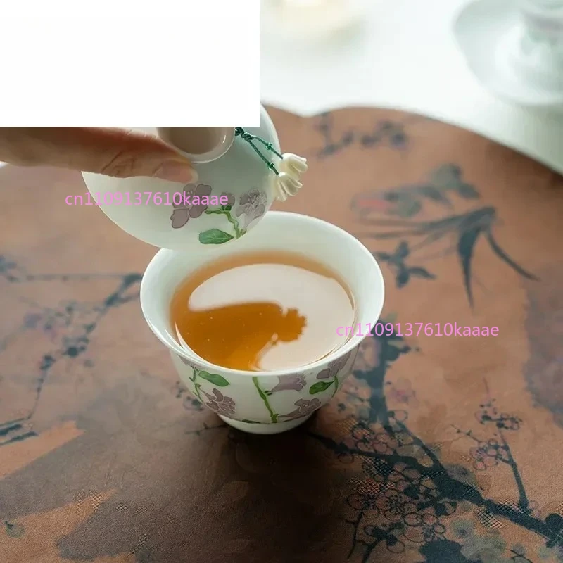 100ml 손으로 그린 ??벨 오키드 가이완 화이트 도자기 수제 커버 그릇 빈티지 차 티루린 차기구 공예 선물