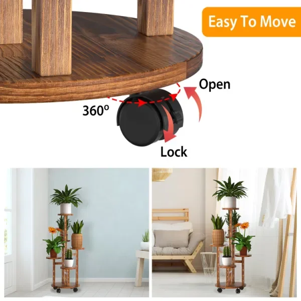 5 Tier Plant Stand with 4 Detachable Wheels Wooden Plant Pot Rolling Shelf Display Rack for Indoor Outdoor Decoration
