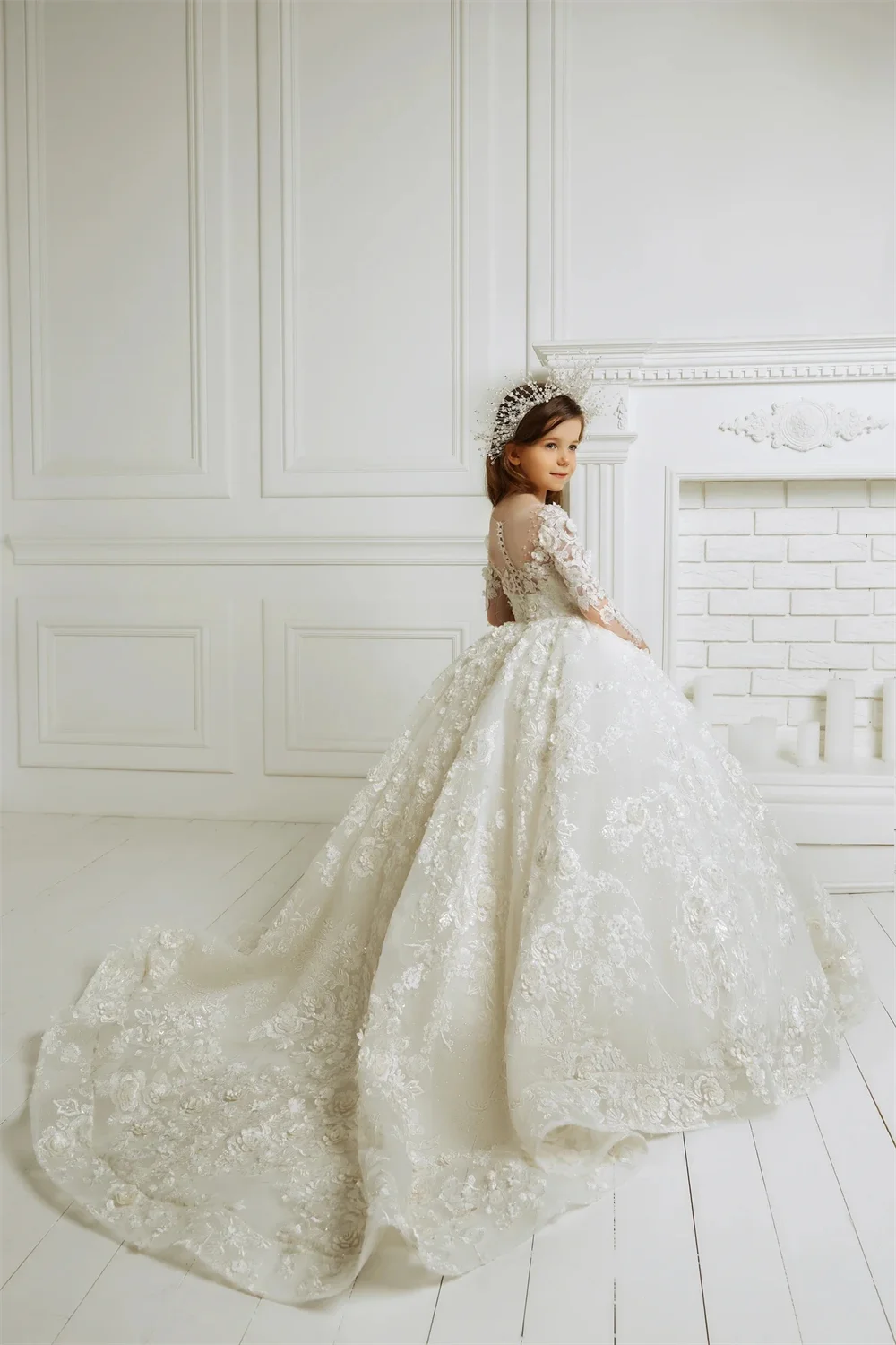 Flower Girl floral appliqu&eacute; dress,girls dresses Long Sleeve For Wedding Prom Party Pageant Gowns Lace Floral Appliques Kids Birthday