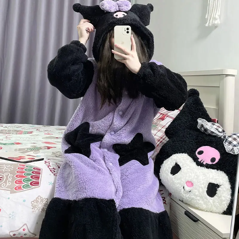 

Kawaii Sanrio Kuromi Pajamas Cartoon Winter Plush Thickening Home Wear Can Be Worn Externally Girl Birthday Gift For Children