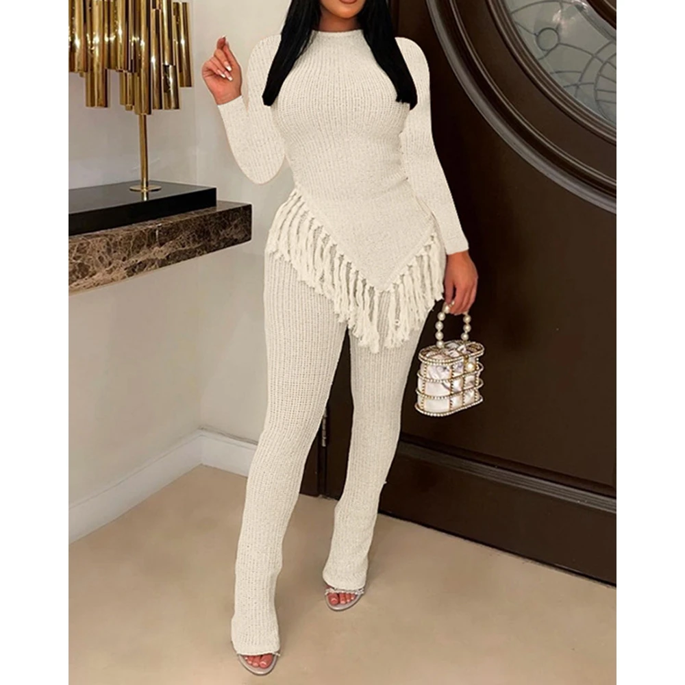 Korean Style Women Asymetrical Hem Tassel Design O-neck Long Sleeve Top & Pants Set 2023 Casual Two Piece Suit Sets Outfits