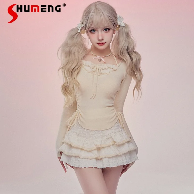 2023 Autumn And Winter Milk Yellow Soft Cute Woolen Knit Bottoming Shirt Mini Cake Skirt Two-Piece Suit Outfits Women's Clothing omar soft yellow графин