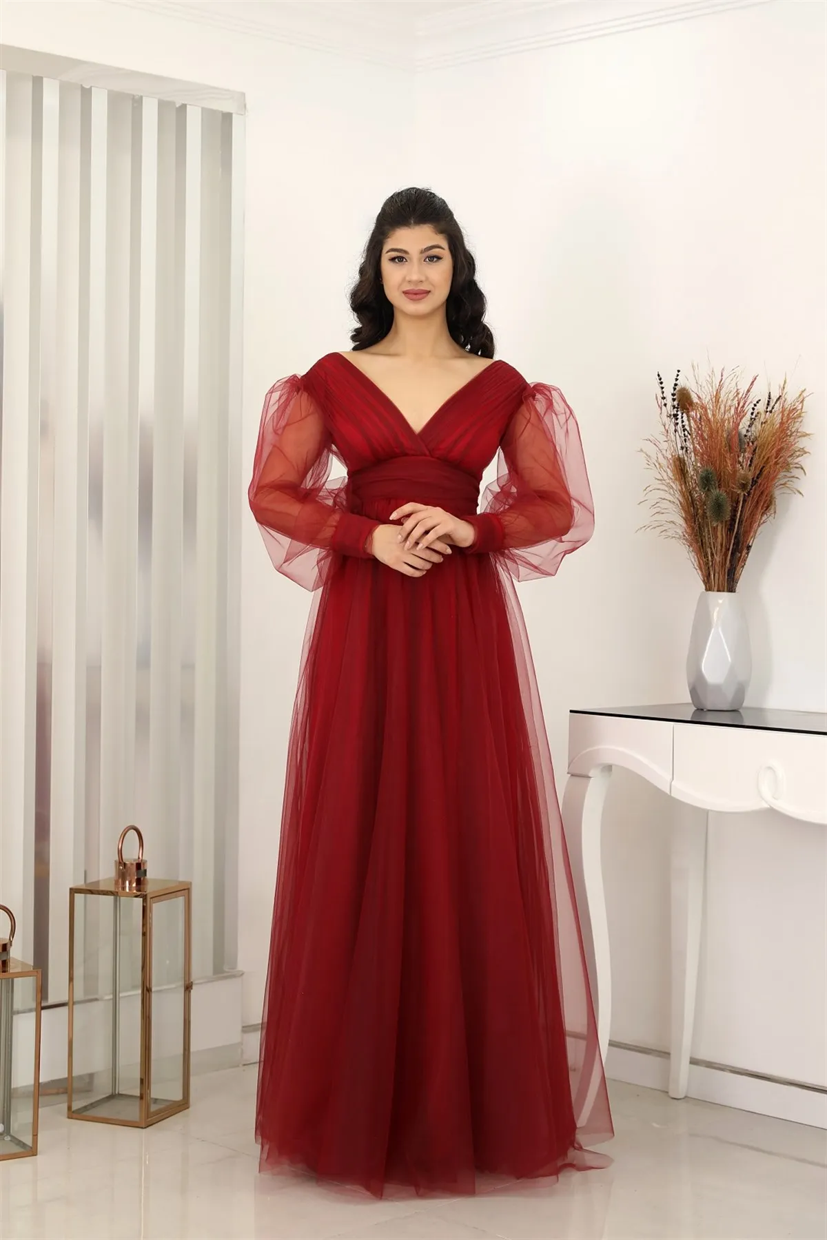 

Burgundy Long Tulle Prom Dresses Full Sleeve Double V Neck Formal Evening Party Gown Robe De Soiree