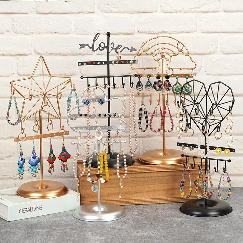 Metal Jewelry Display Stand Star Heart Cloud Shaped Detachable Necklace Rings Earring Bracelet Storage Organizer Watch Holder floral and dragonfly handmade jeweled trinket box dragonfly and flower heart trinket box metal dragonfly jewelry box