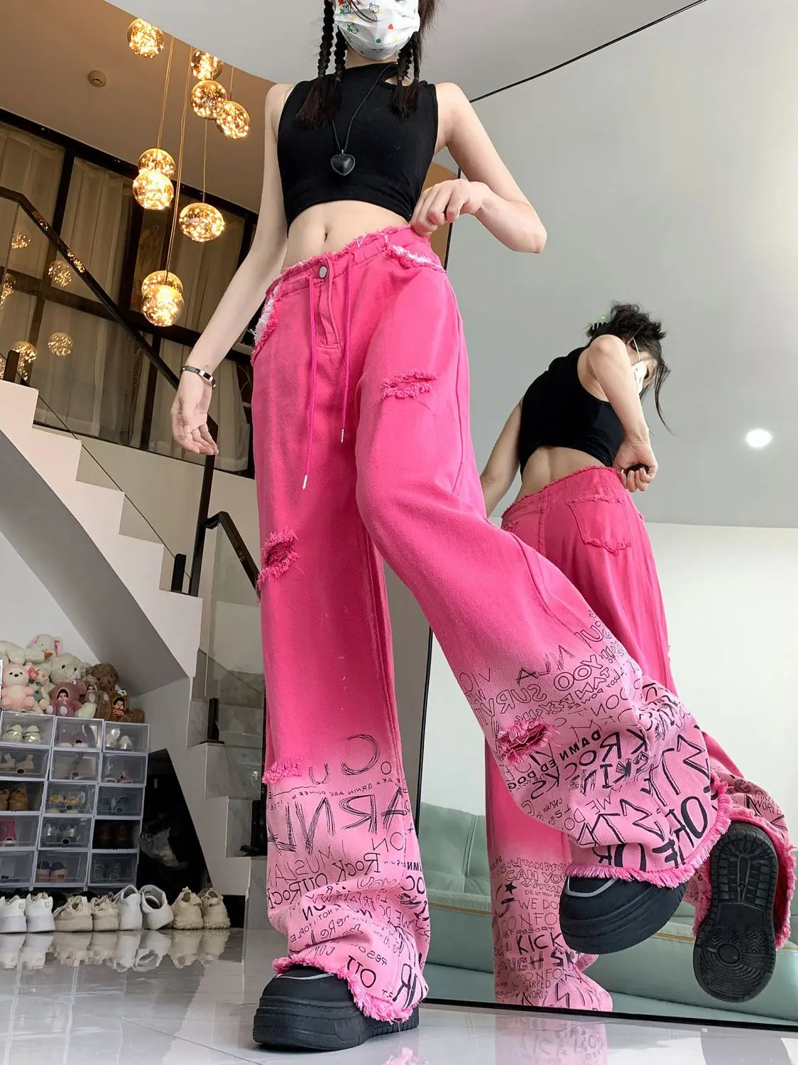 Jeans Ripped Graffiti Rough Selvedge Rose Red High-Waisted Y2k Women Baggy Harajuku Streetwear Denim Trousers Mopping Pants