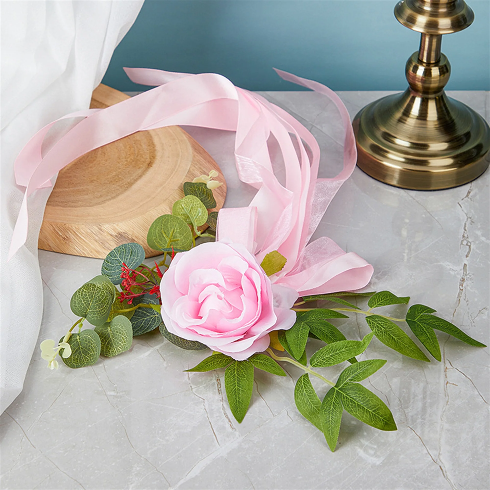 Artificial Flower Garland with Ribbons for Wedding Aisle Decorations Pew Chair Decor Ceremony Party Supplies