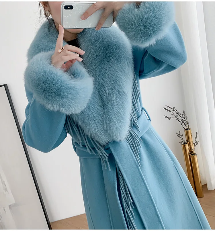 FURYOUME Winter Women Real Fur Coat Jacket X-long Tassel Cashmere Wool Blends Female Lady Trench Belt Fox Fur Collar Streetwear