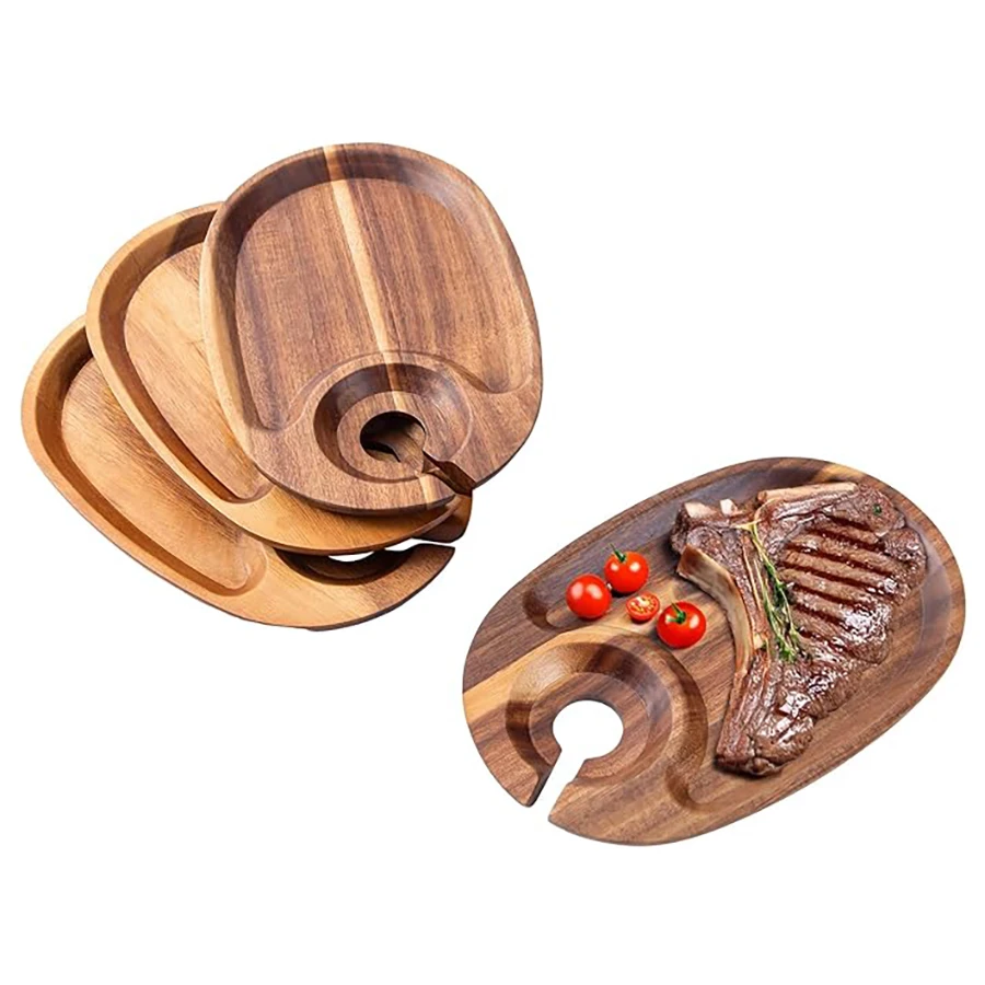 Wood Appetizer Plates Set of 4 Acacia Wood Appetizer Plates Wooden Cocktail with Wine Glass Holder Cheese Board