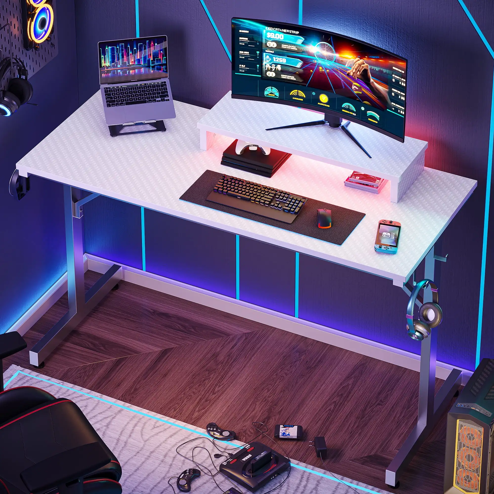 42 inch LED Gaming Desk with Monitor Stand PC Computer Gamer Home Office Table in White 6