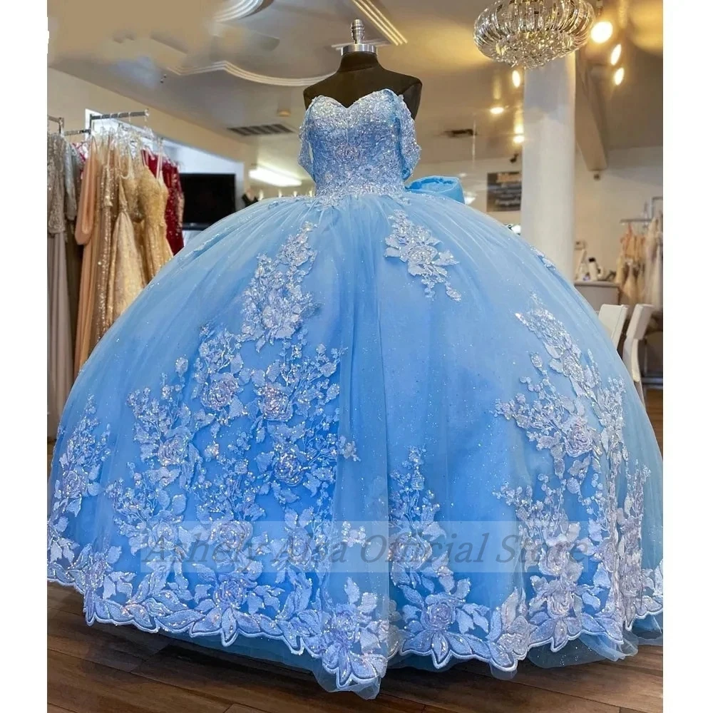 Saudi Arabic Sky Blue Quinceanera Jurken Off Shoulder Kant Applique Sweet 16 Girl Birthday Party Vestidos 15 Quinceañera 2024