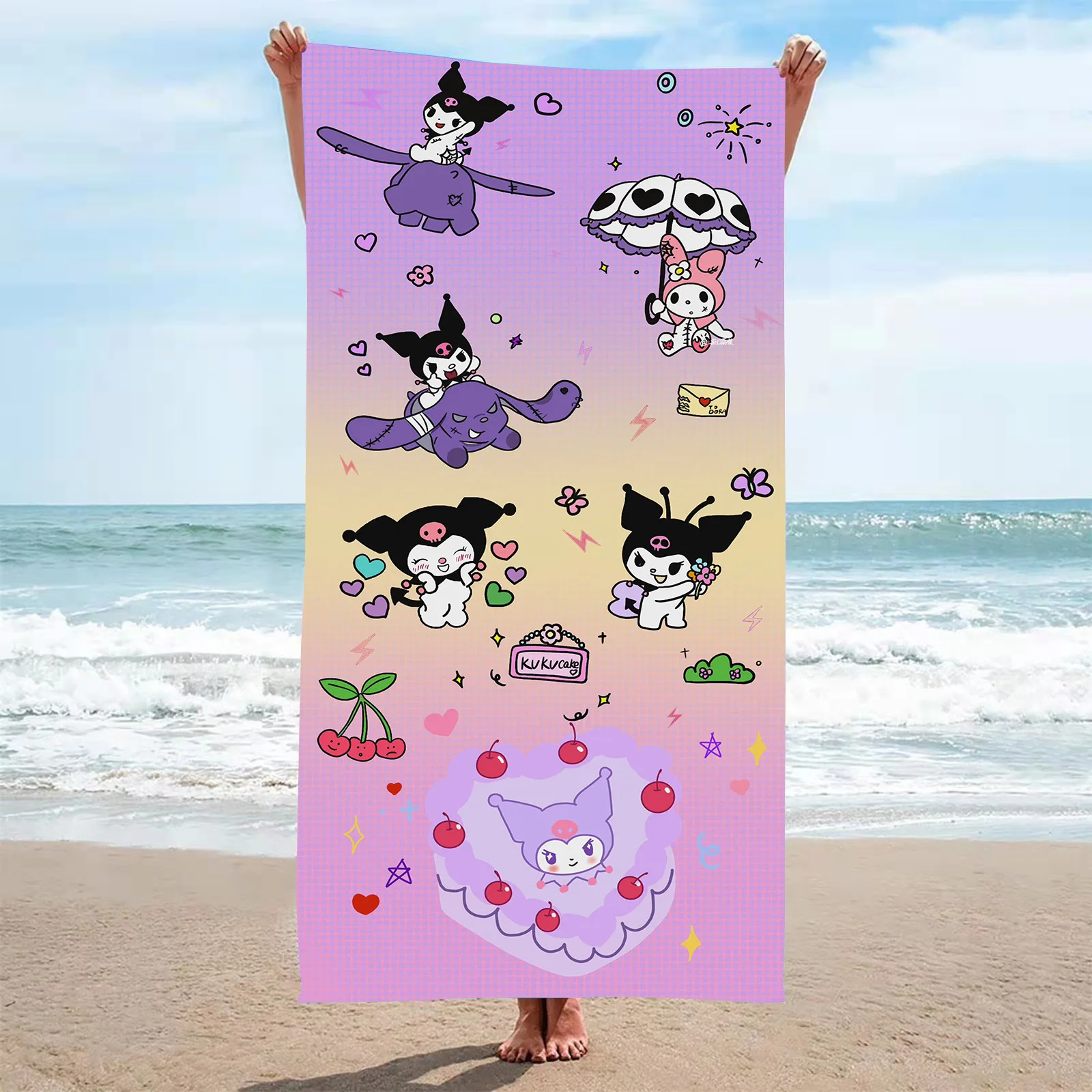 

Kawaii kuromi bath towel Sanrio cinnamonll alcohol anime figure absorbent shawl anime Sanrio beach blanket anime figure