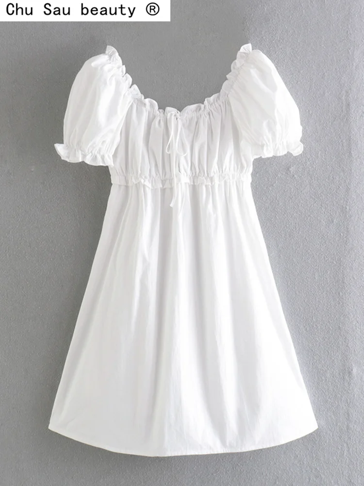

Women Summer White Dresses 2022 New Casual Fashion Fungus Edge Square Neck Puff Sleeves Lace Up Short Mini Dress Female