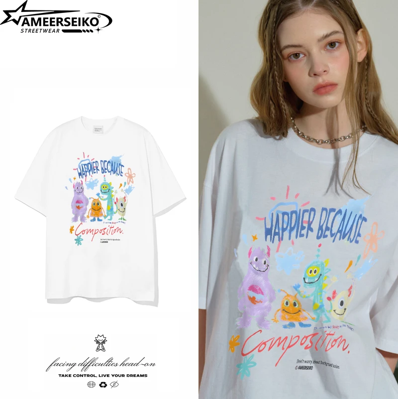 Park Soo-young Korean version of sweet cartoon graffiti alien print t-shirt T-shirt age-reducing casual shirt