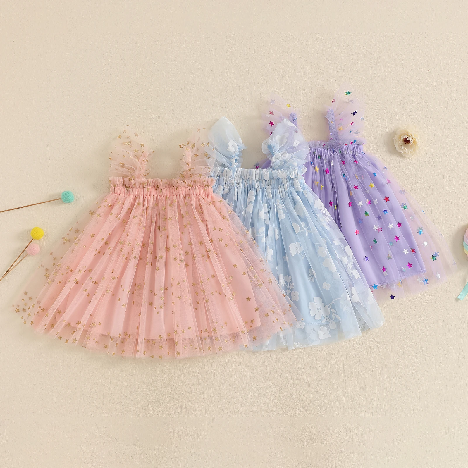 MISOWMNJOY Summer Chiffon Baby Girl Tulle Dresses Princess Glitter Flower Print Fly Sleeve Square Neck Kids Sundress Clothes girls dress princess costume kids clothes