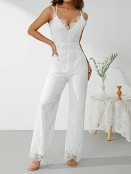 Elegant Women Jumpsuit Spaghetti Straps V Neck Solid Color Lace Open Back Wide-leg Jumpsuits Long Playsuit Streetwear Y2k Summer