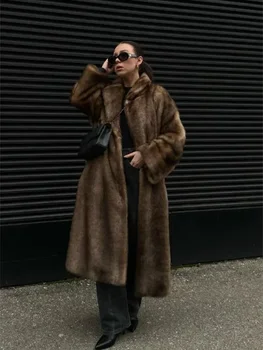 Fashion Mixed Color Lapel Collar Woman Long Coat Elegant Full Sleeve Loose Overcoat New Winter Lady High Street Faux Fur Jacket 2