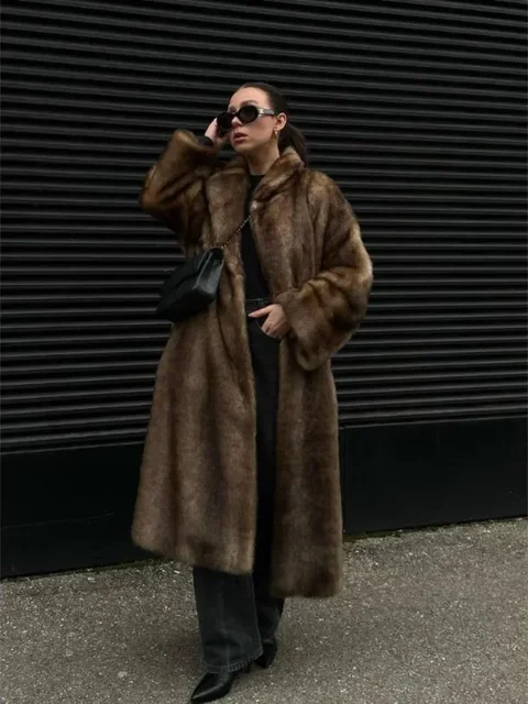Fashion Mixed Color Lapel Collar Woman Long Coat Elegant Full Sleeve Loose Overcoat New Winter Lady High Street Faux Fur Jacket 2