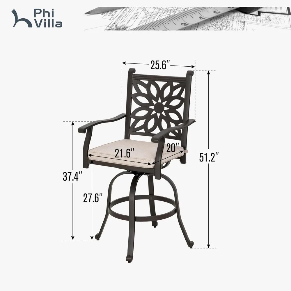 Outdoor Swivel Bar Stools Set of 4, Cast Aluminum Patio Pub Height Bar Stool & Chairs with Seat Cushion 5