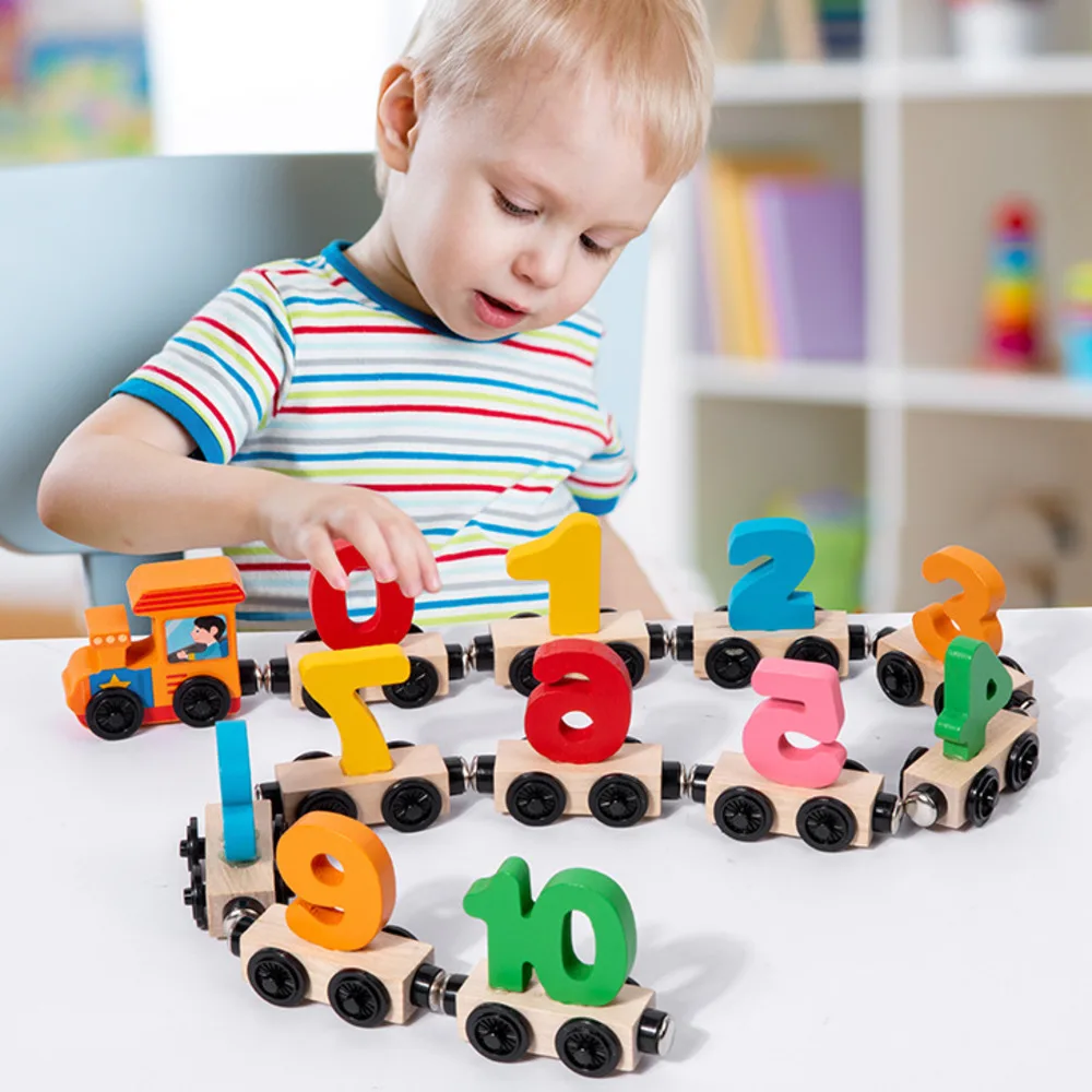 Montessori Magnetic Train Educational Toys Wooden Animal Dinosaur Number Puzzle Building Blocks Assembled Toys Birthday Gifts 5