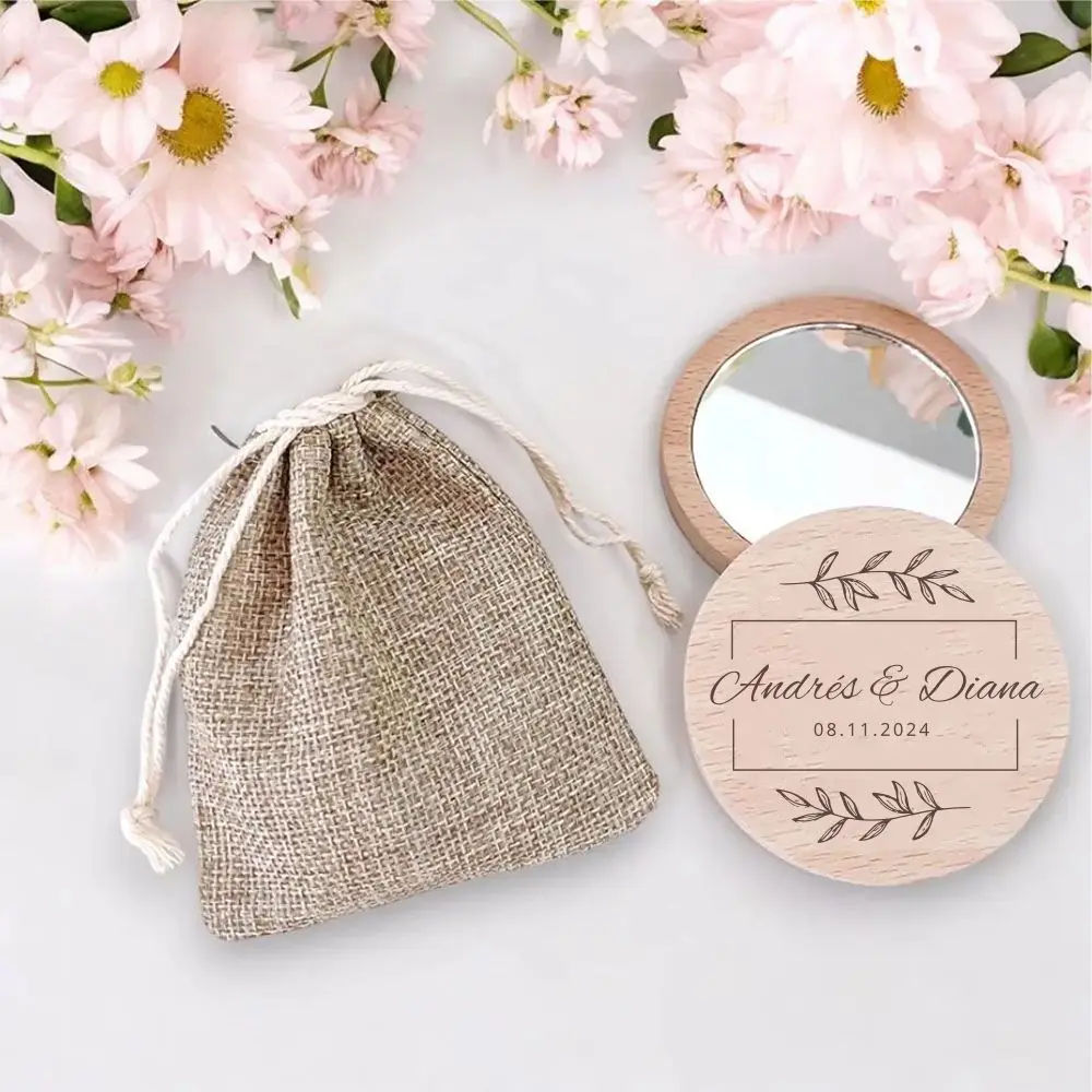 Personalised Wooden Mirror Engraved Portable Round Compact Pocket Mirror Bridesmaid Wedding Favors Custom Wooden Mirror Withbag