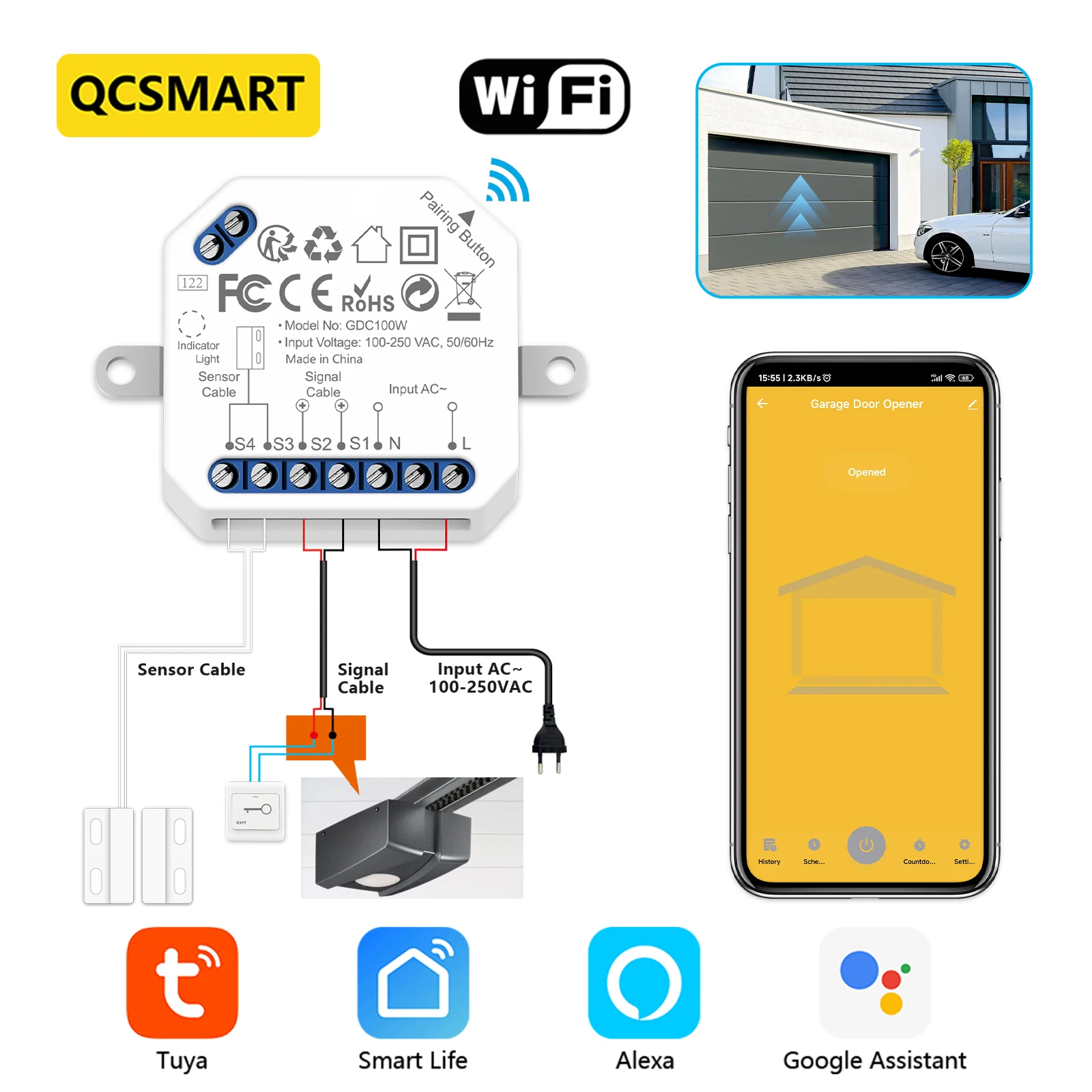 QCSMART Tuya Garage Door Opener Controller System Relay Module Smart Life App Remote Control Timer Work Google Assistant Alexa