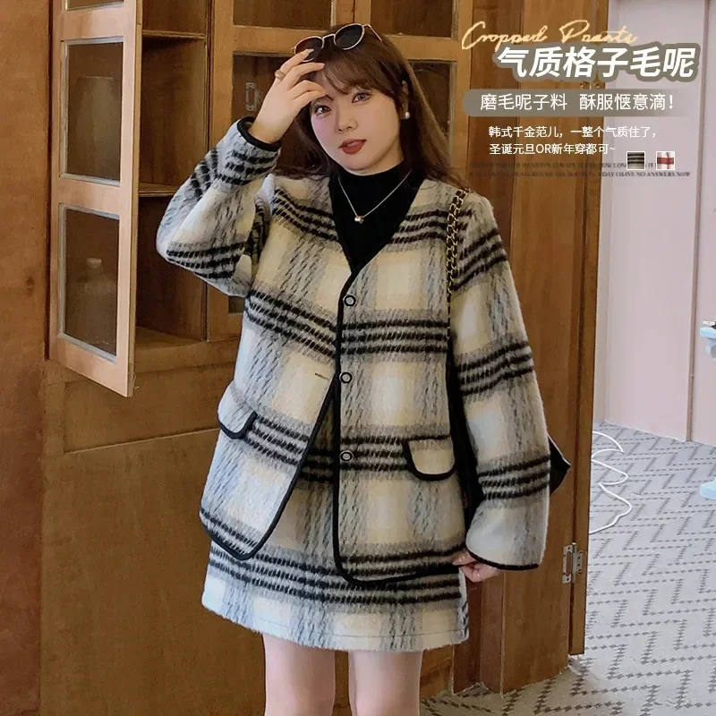 2023 Winter New Loose Ladies 200 Pounds Fat mm Korean Style Daughter Temperament Plaid Woolen Female Suit Commuter Splicing V888