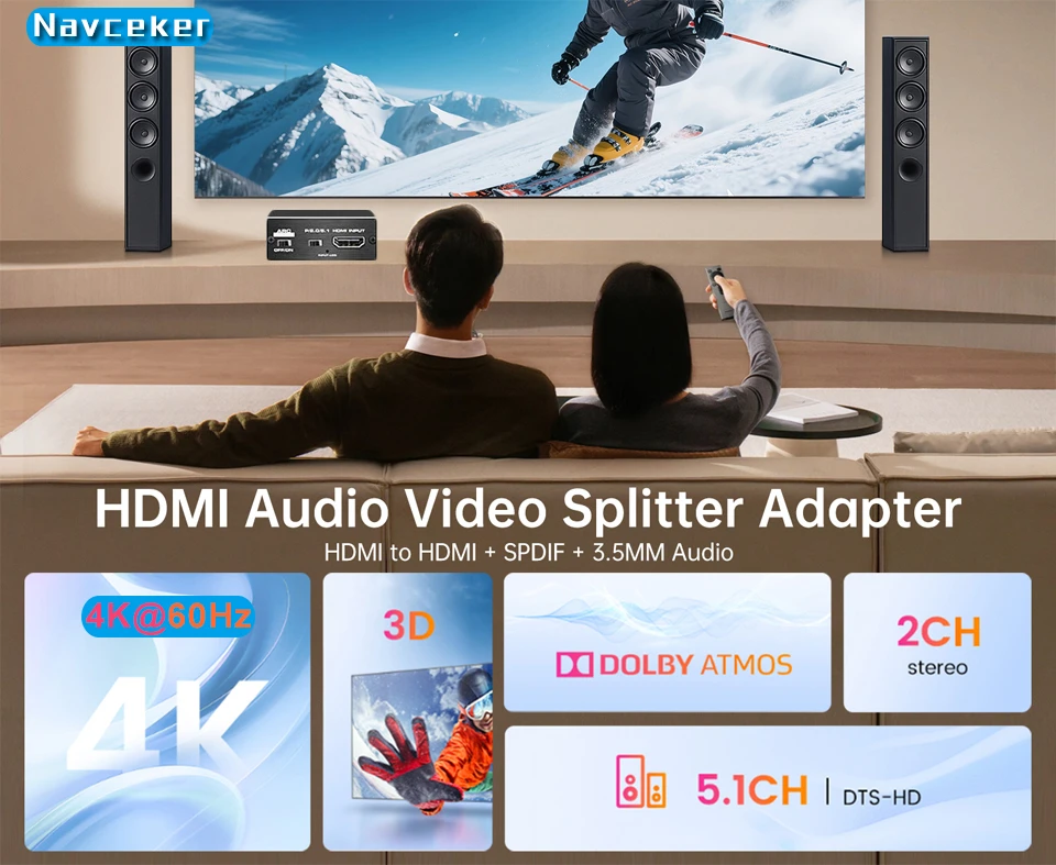 HDMI Audio Extractor HDMI to SPDIF Optical Toslink 3.5 Aux+4K HDMI Converter fo