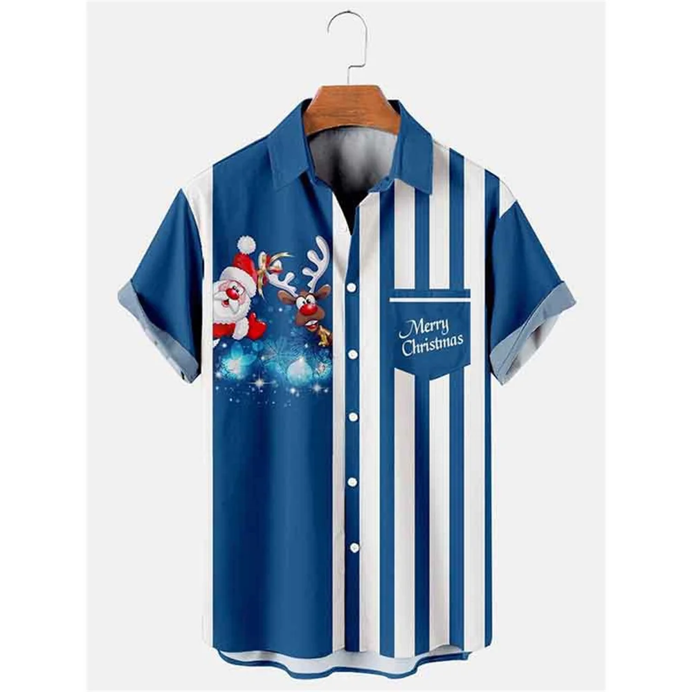 2023 New Christmas Party Men's Short Sleeve Cardigan Shirt Christmas Print Lapel Pocket Top High Quality Comfortable Soft Fabric 4