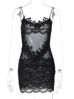 Femme vêtements Spaghetti sangle maille dentelle Patchwork fête Club robe femme Sexy transparent sans manches robes de soirée courtes 5