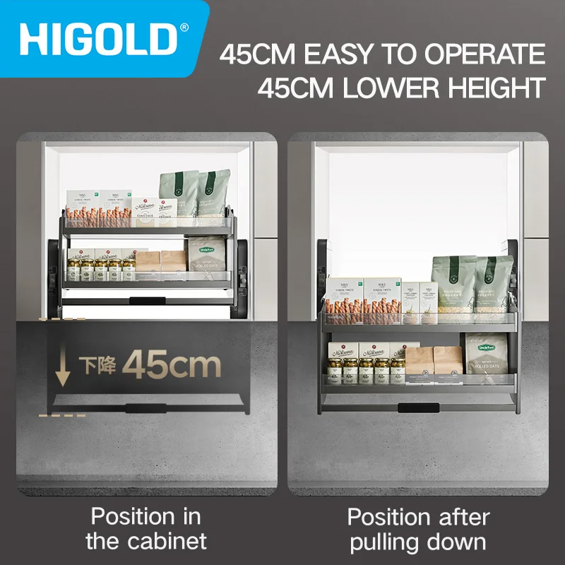 HIGOLD Pull Down Basket Kitchen Hanging Cabinet Lifting Basket Shelf Tempered Glass Design Bowl Double Spice
