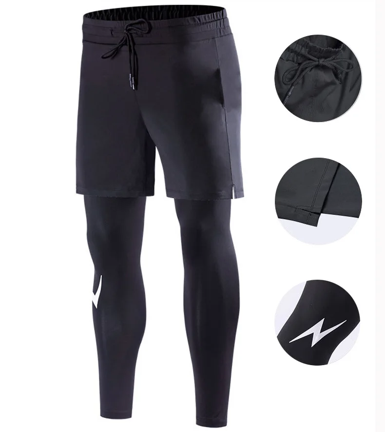 

sports tight pants men elastic quick drying fitness pants sweat burst training basketball fake two pieces of running long pants