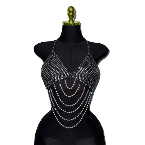 Women Pearl Chain Tassel Tank Top Shiny Diamonds Mesh V Neck Backless Halter Neck Crop Top Rave Vocal Concert Party Camisole - Image 7