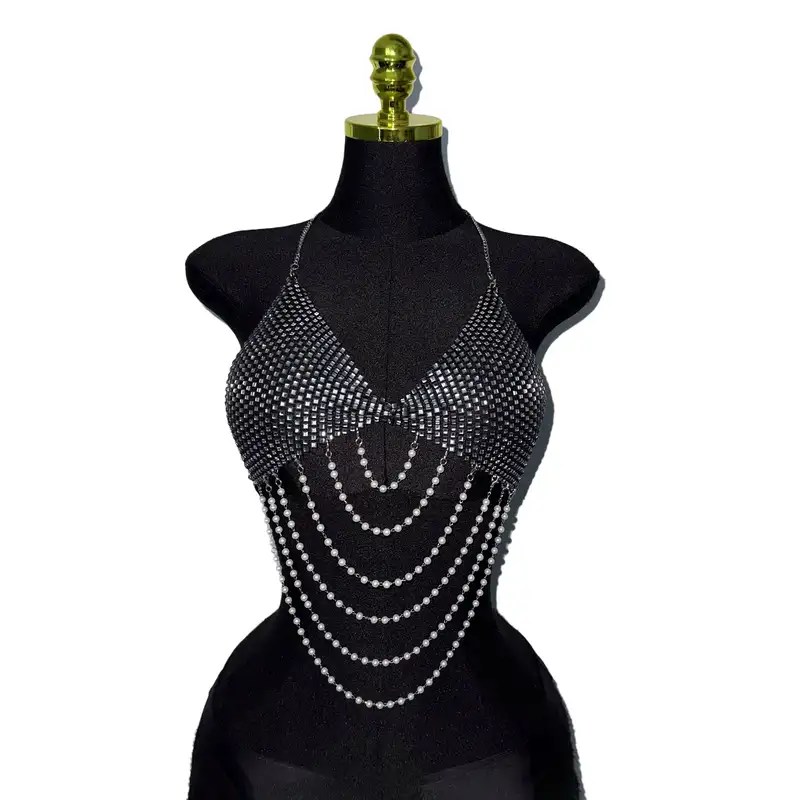 Women Pearl Chain Tassel Tank Top Shiny Diamonds Mesh V Neck Backless Halter Neck Crop Top Rave Vocal Concert Party Camisole - Image 7